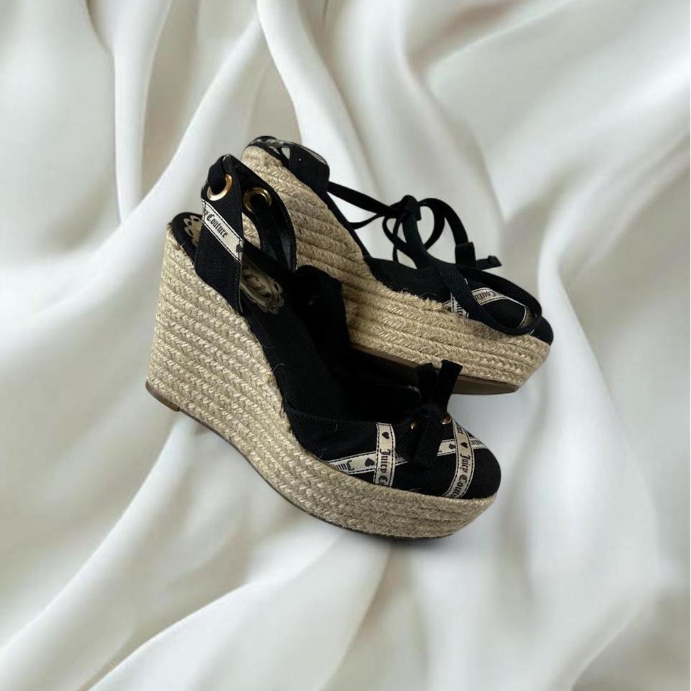 Juicy Couture black platform espadrille wedges logo ribbon y2k mcbling fairy